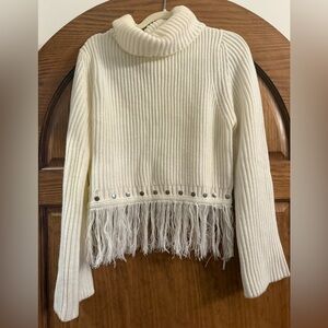 LULUs Women's Cream Turtleneck Sweater with Fringe